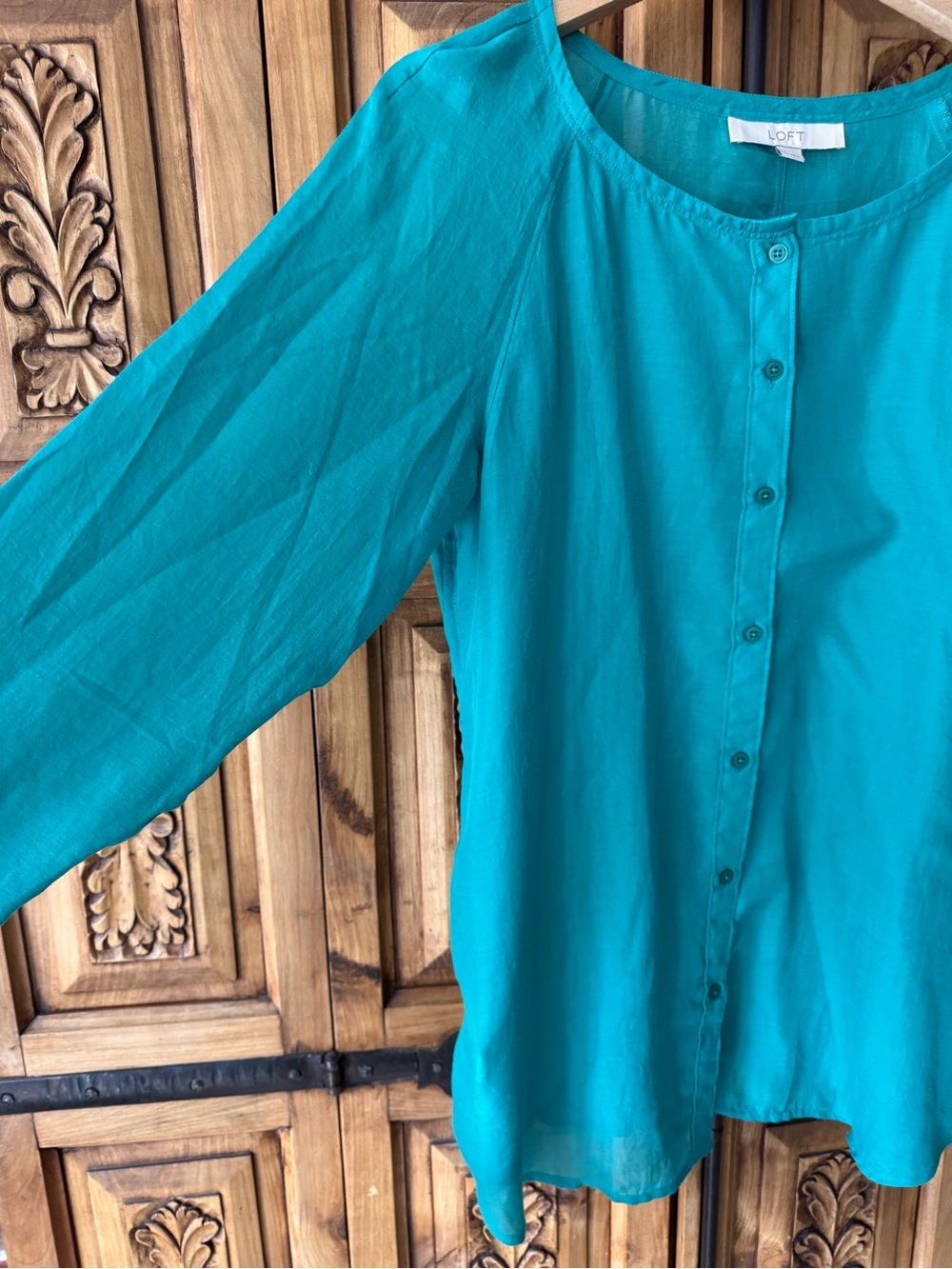 LOFT Teal Long-Sleeve Button-Front Sheer Blouse - Picture 2 of 6
